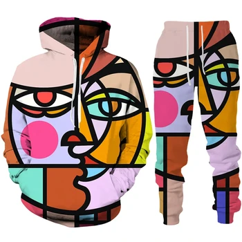 Нов абстрактен комплект панталони за лице Дамски анцузи 3d отпечатани новост спортно облекло Мъже Сива врана Суитчър костюм Улична мода комплекти