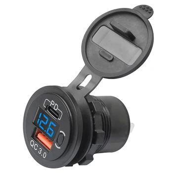 12V-24V 48W USB изход водоустойчиво зарядно гнездо PD и QC3.0 USB порт с LED напрежение за кола камион голф количка синьо
