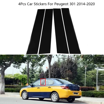 4Pcs / Set въглеродни влакна черен автомобил стълб пост капак врата тапицерия прозорец формоване стикери за Peugeot 301 2014-2020 Аксесоари за кола