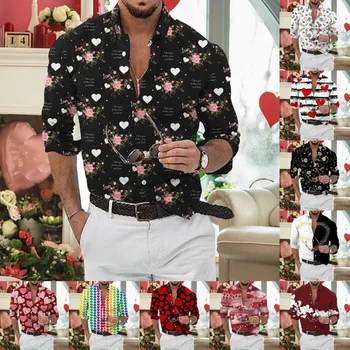 Мъжка мода Ежедневни цифрови 3D печат любов Свети Валентин сърце форма дълъг ръкав улично облекло Camisas De Hombre геометрични