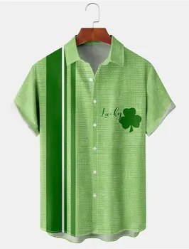 Модна лятна мъжка риза Ден на Свети Патрик Графичен 3D принт Зелена детелина Риза с къс ръкав Casual Festival Party Hawaii Tee