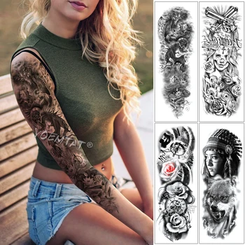 Голяма ръка ръкав татуировка Warrior дракон часовник Lotus водоустойчив временен татуировка стикер Ангел Свети мъже пълен череп тотем Tatoo