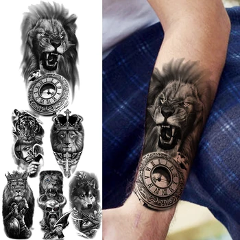 Black Lion Compass Временни татуировки за мъже Жени Възрастен Тигър Вълк Племенна корона Фалшива татуировка Реалистична декорация на боди арт Tatoo
