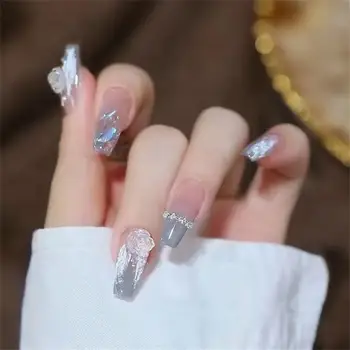 Box Руж градиент нокти кръпка кристал лък праскова фалшив нокти пълен капак носене нокти лепенки балерина нокти нокти изкуство
