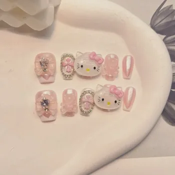 Sanrio Hello Kitty карикатура кукли розово момиче сърце фалшиви нокти стикери ръчно изработени триизмерни кристали нокти кръпка момичета подарък