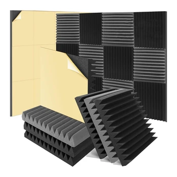 12 пакет самозалепваща звукоизолация памук за вътрешно звукозаписно студио за домашно студио офис, черно и сиво