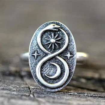 Реколта мода дърворезба слънце луна звезда Python овален пръстен готически бижута женски пънк хип-хоп годежен сватбен пръстен подарък