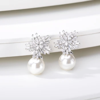 Сладък имитация на перли Обеци за жени момиче мода бижута сребърен цвят цирконий родословни обеци Aretes De Mujer коледен подарък
