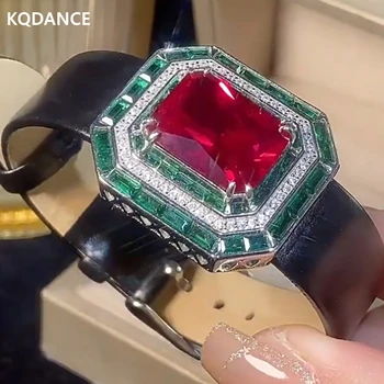 KQDANCE 925 стерлинги сребро високо въглероден диамант лаборатория създаден изумрудено рубинено червен чар гривни с кожен колан верига бижута