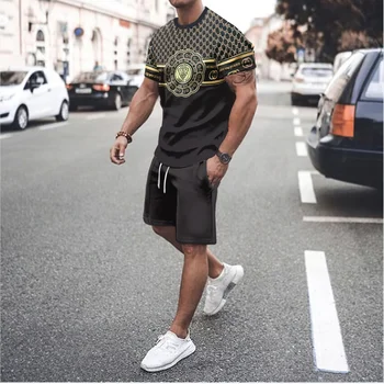 Ретро 3D принтирани мъжки спортни облекла с кръгло деколте комплект летни къси панталони тениски 2 части комплект голям пуловер модерно мъжко облекло