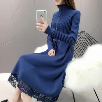 Жени плетене рокли за есен зима 2023 Нов случаен пачуърк половин висока яка пуловер хлабав офис дама рокля T20
