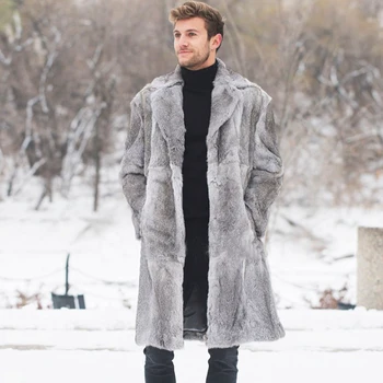 Истинско кожено яке Мъже Естествено заешко кожено палто Нова зима Дълго топло палто Завъртете яката плюс размер по поръчка