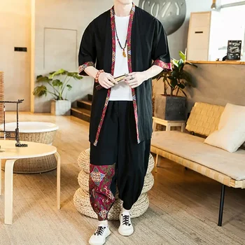 японски стил реколта кимоно Haori панталони комплект мъже традиционен Harajuku улично облекло самурай жилетка костюм Yukata