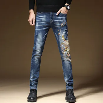 Нова Китай мода Kirin бродерия мода направо Китай-шик мъжки дънки еластични тънки годни гамаши панталони