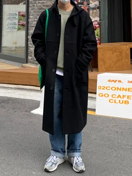 SYUHGFA Корейски сива врана вълнено яке Мъжко облекло Свободно палто със средна дължина 2024 Есен Зима Сгъстяване с качулка якета