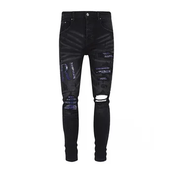 2023 Новопристигнали Мода Улично облекло Мъжки черни дънки писмо бродерия Blue Paisley пачуърк тънък дънки дънкови панталони за мъже