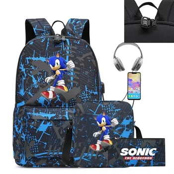 Комплект от три части на Sonic The Hedgehog Peripheral Printed Backpack USB зареждане Студентска ученическа чанта за рамо Комплект моливи