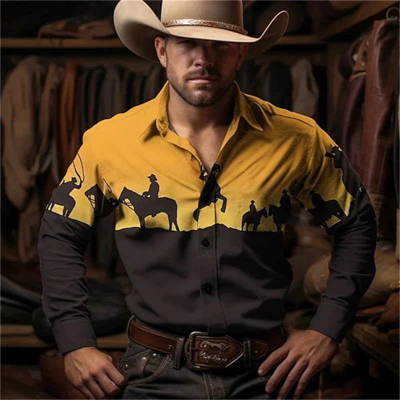 Western деним дълъг ръкав риза ретро улица риза дълъг ръкав мъжки ретро есен мода топ случайни мъже дълго мъжко облекло