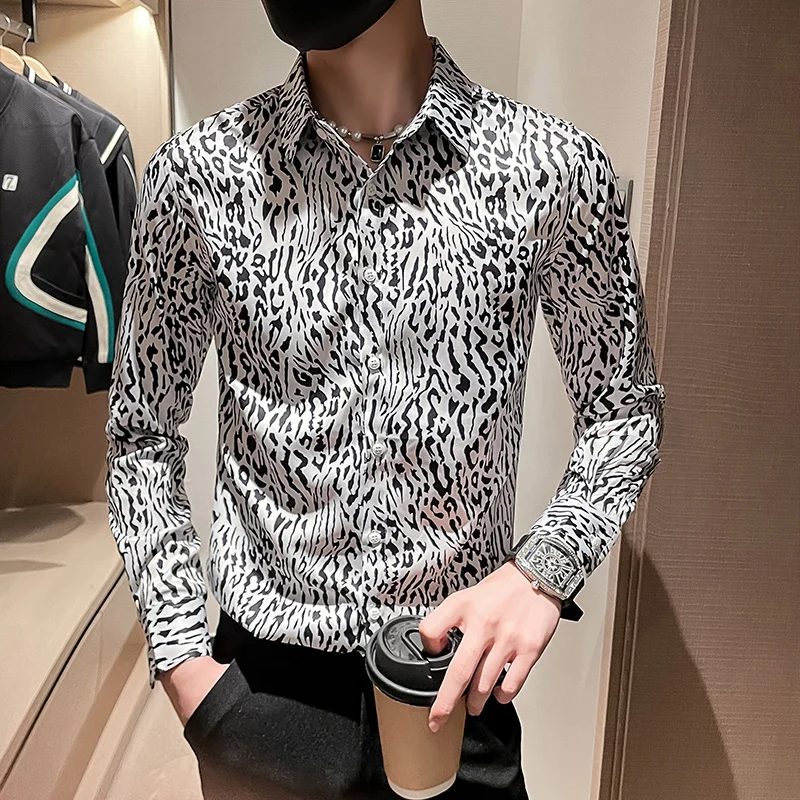 2023 Есенна леопардова щампа риза за мъже Slim Fit дълъг ръкав Casual бизнес риза Мода Улично облекло Социално парти Блуза Tuxedo