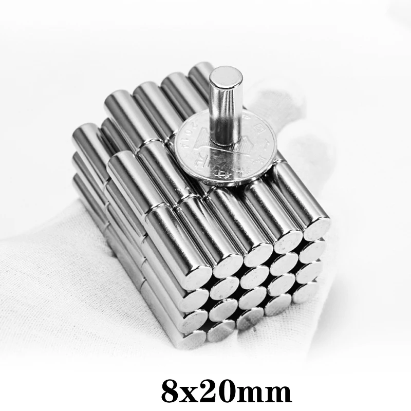 10PCS 8x20 mm Супер мощен магнитен магнит 8mm x 20mm Дебел постоянен неодимов магнит Силен 8x20mm кръгъл магнит 8 * 20 mm