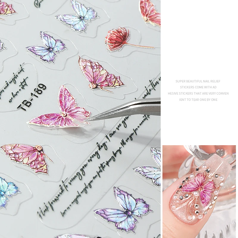 5D релефни стикери за нокти 3D лазерна пеперуда цветя листа заек геометрични обратно лепило нокти изкуство ваденки декорация за нокти нов