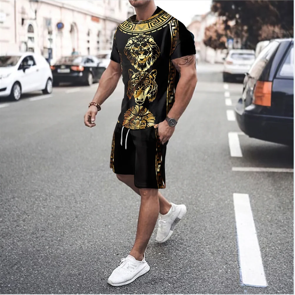 Ретро 3D принтирани мъжки спортни облекла с кръгло деколте комплект летни къси панталони тениски 2 части комплект голям пуловер модерно мъжко облекло