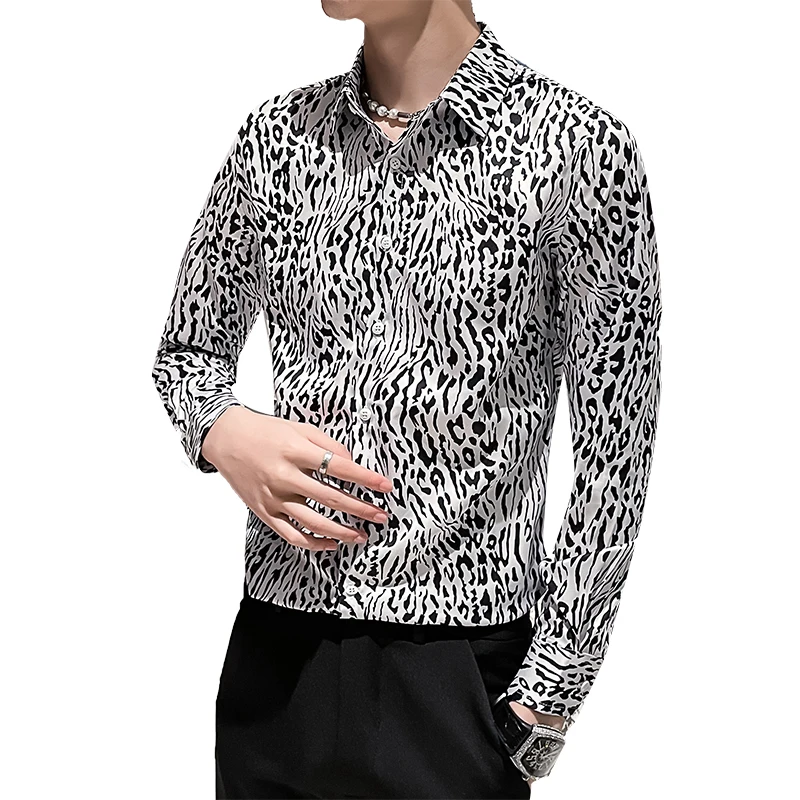 2023 Есенна леопардова щампа риза за мъже Slim Fit дълъг ръкав Casual бизнес риза Мода Улично облекло Социално парти Блуза Tuxedo